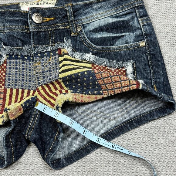 Hot Kiss Womens Blue Denim Cici Short Shorts Flag Patchwork Low Rise Size 3 - Picture 11 of 13